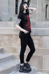 womens eyelet black high-waisted grunge goth lace-up corset pants with embroidered spiderweb pockets