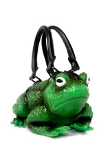 Green frog-shaped handbag with a black strap on a white background