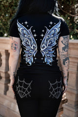 alternative fashion moth t shirt featuring moon inspired wing artwork for gothic grunge witchcore and whimsical dark aesthetic looks