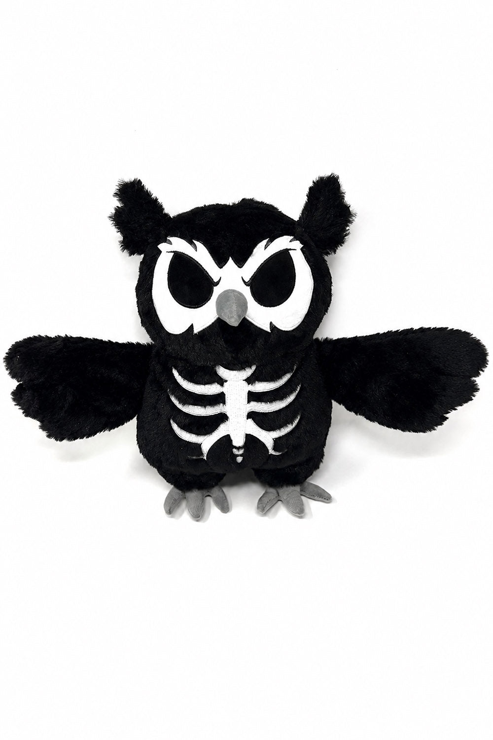 A black plush owl toy with a white skeleton print on its chest, large white eyes, and gray beak and feet, shown against a plain white background.