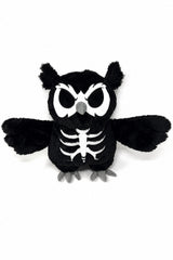 A black plush owl toy with a white skeleton print on its chest, large white eyes, and gray beak and feet, shown against a plain white background.
