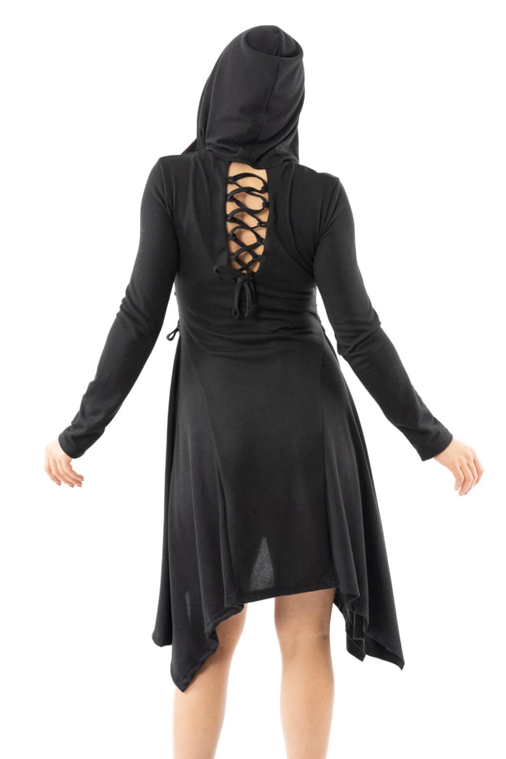 Black hooded dress with lace-up back on a white background
