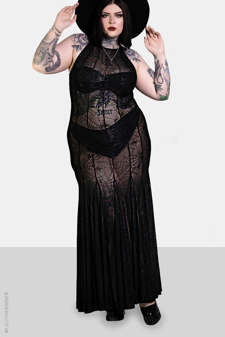 gothic plus size mesh long spiderweb dress