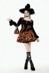 model wearing Midnight Bat & Pumpkin Halloween Dress with witch hat and bat bag