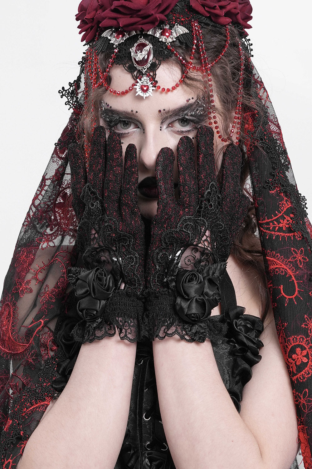 gothic black and red full finger gloves