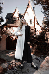 half black and white split dress with black lace trim