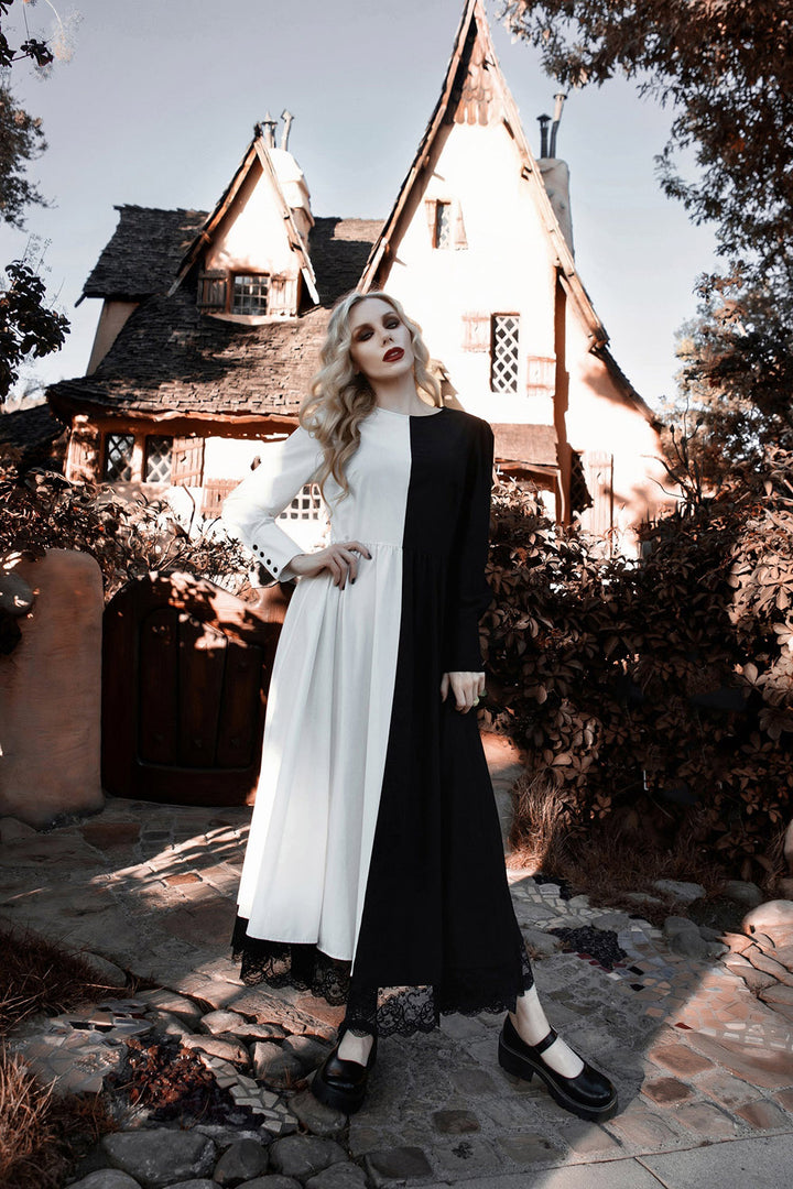 half black and white split dress with black lace trim