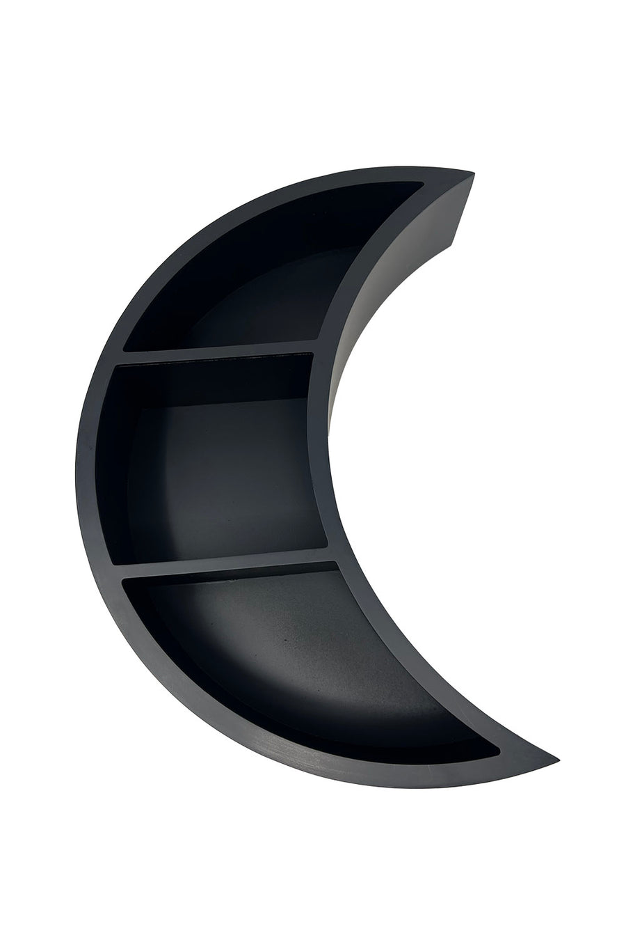 Black crescent moon-shaped shelf on a white background