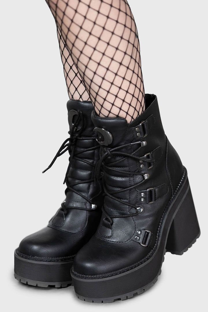 womens goth black vegan leather platform boots with crescent moon charms 