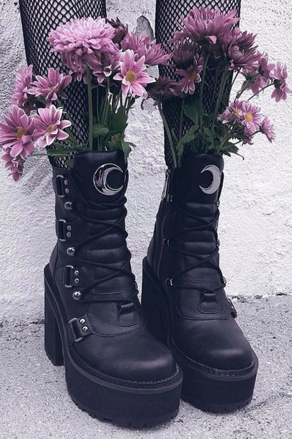 buckled black vegan leather platform boots with crescent moon charms by killstar