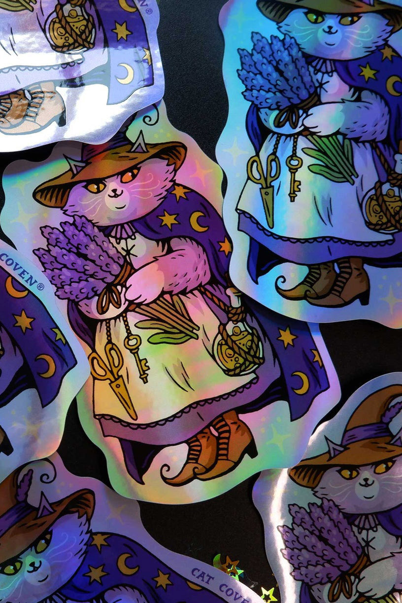dark cottagecore witchy cat holographic sticker