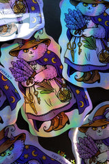 dark cottagecore witchy cat holographic sticker