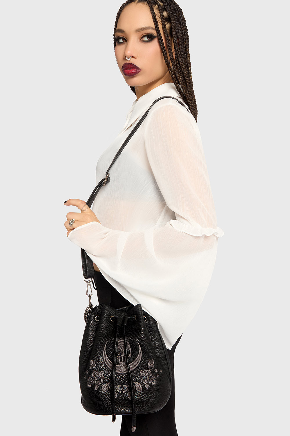 witchy embroidered dark cottagecore bucket bag purse