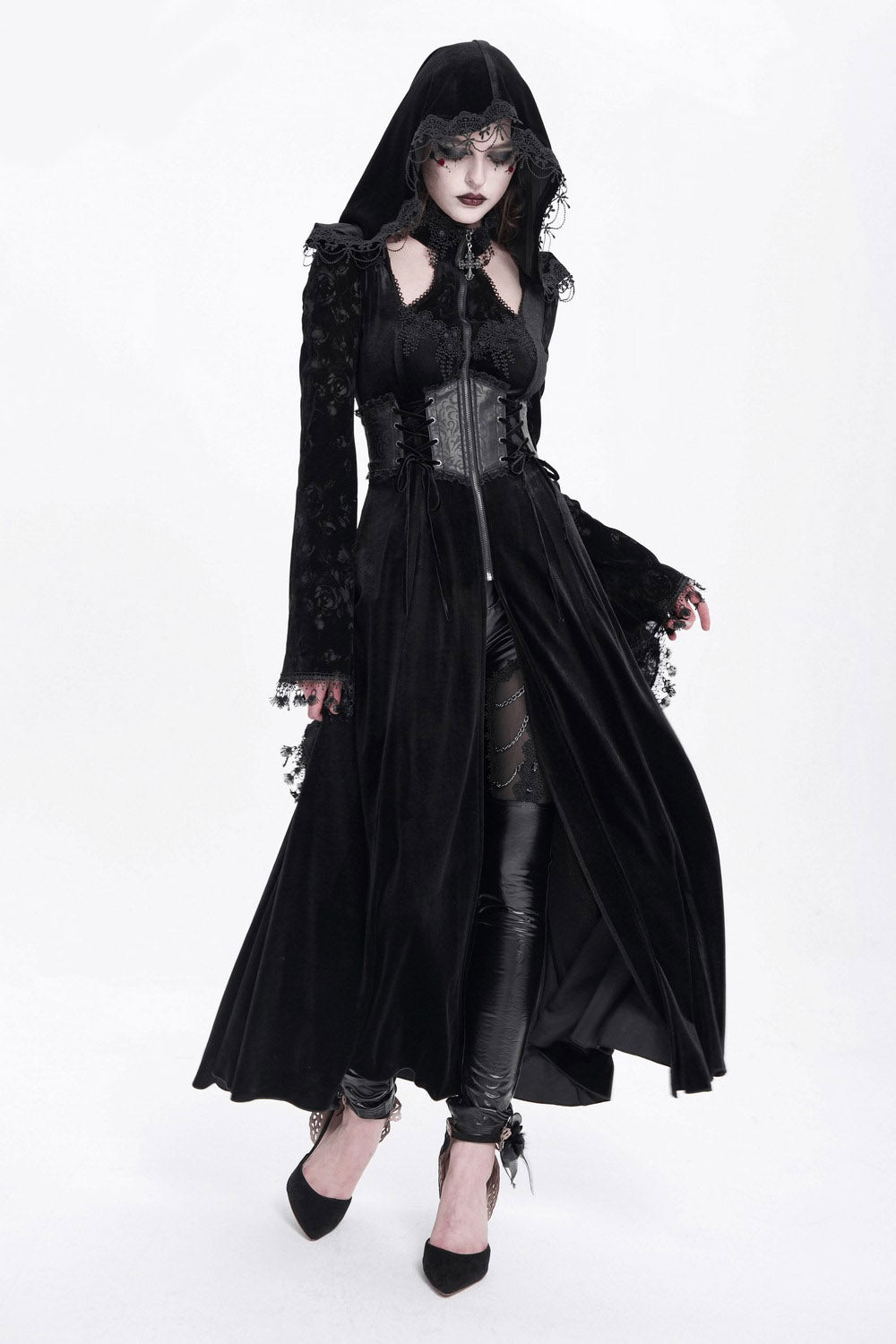 womens long hooded black velvet gothic cloak dress