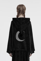 gothic woman wearing a black hooded cloak with a crescent moon symbol on the back against a white background