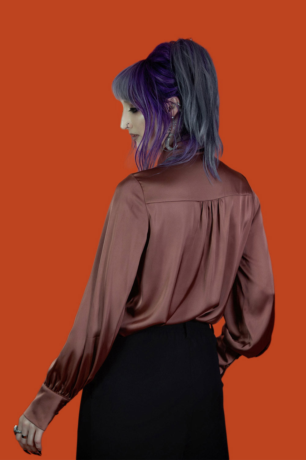 womens dark pink mauve satin long sleeve buttoned shirt