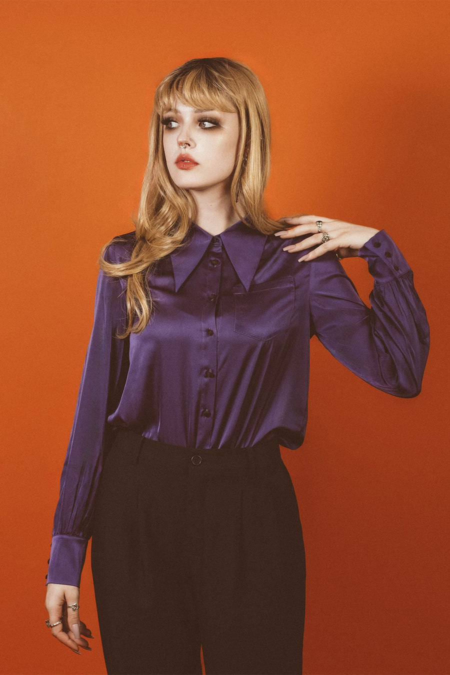 womens dark purple satin button down shirt