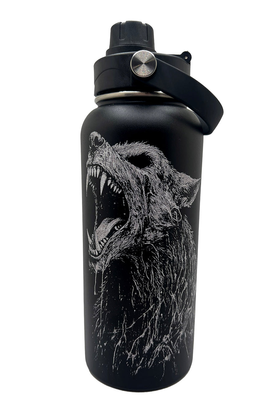 Black water bottle with a wolf design on a white background