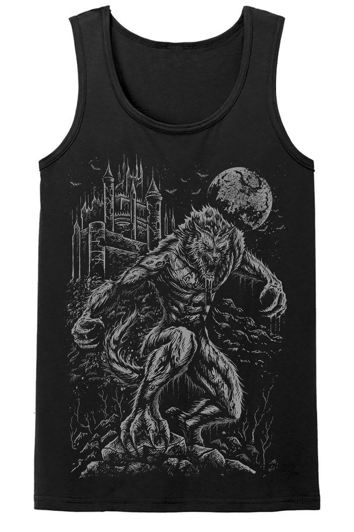 spooky halloween werewolf, gothic castle, and full moon werewolf shirt  tank top for men