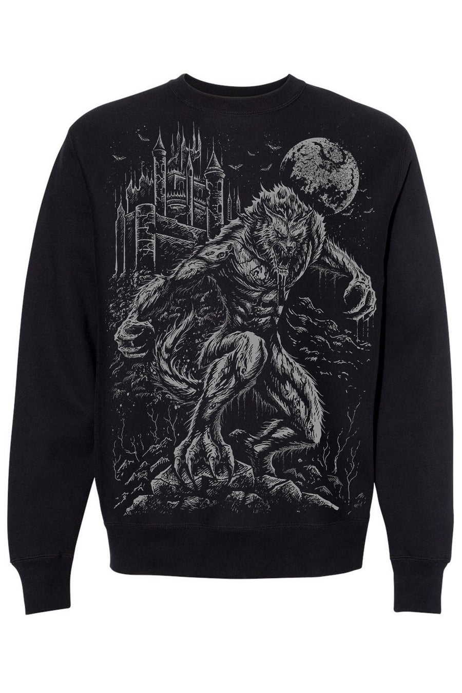 werewolf sweater with full moon adn gothic castle graphics 