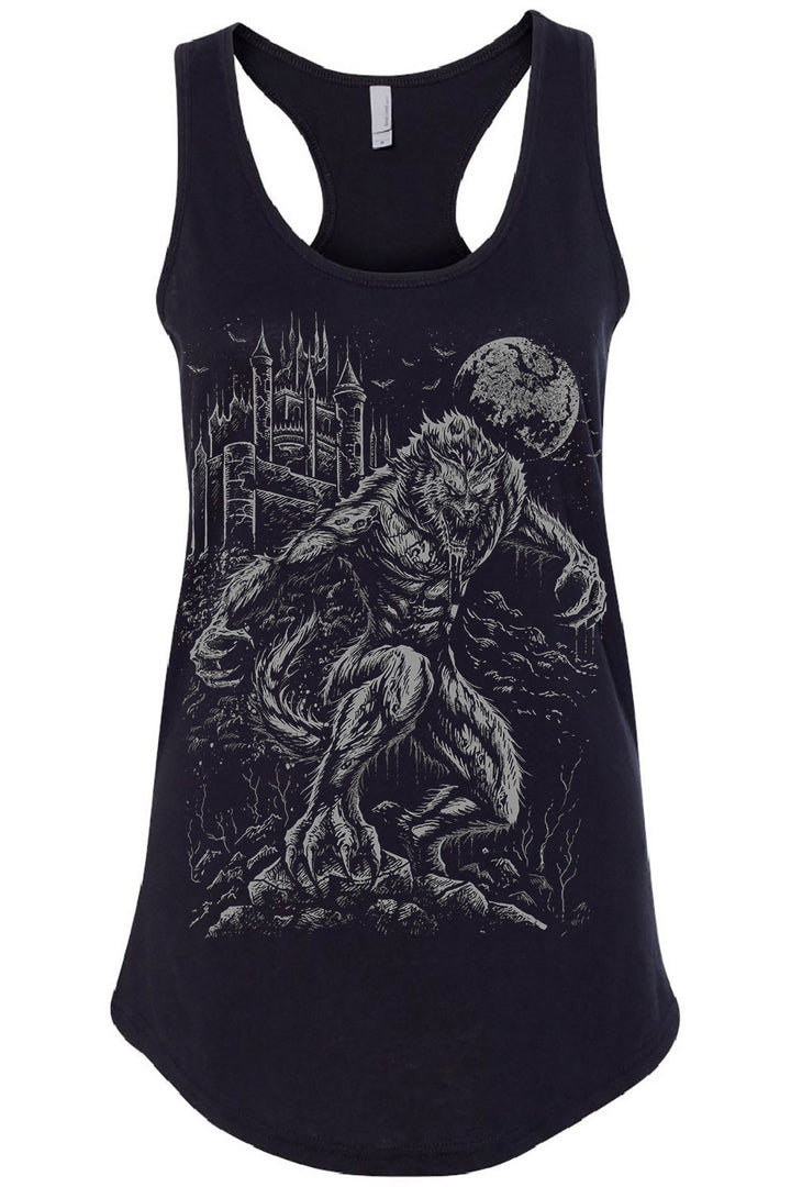 black cotton heavy metal werewolf, gothic castle, and full moon werewolf shirt  tank top for women 