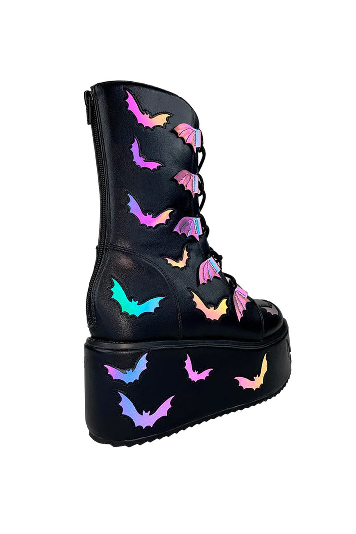 vegan leather black boots with embroidered bats