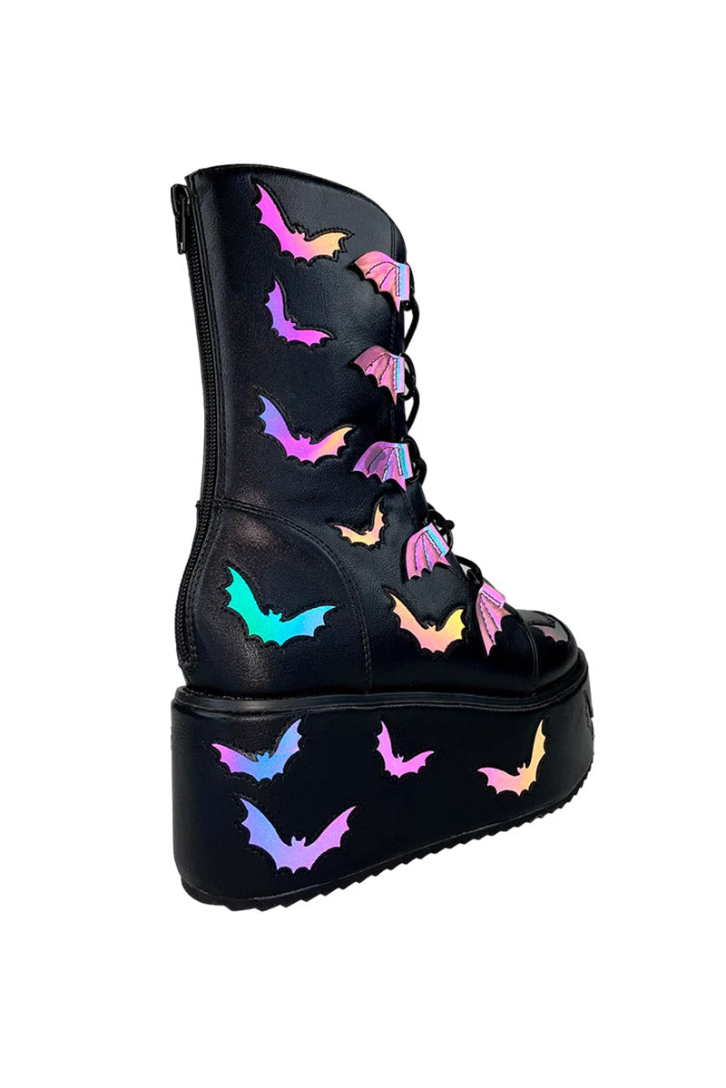 vegan leather black boots with embroidered bats
