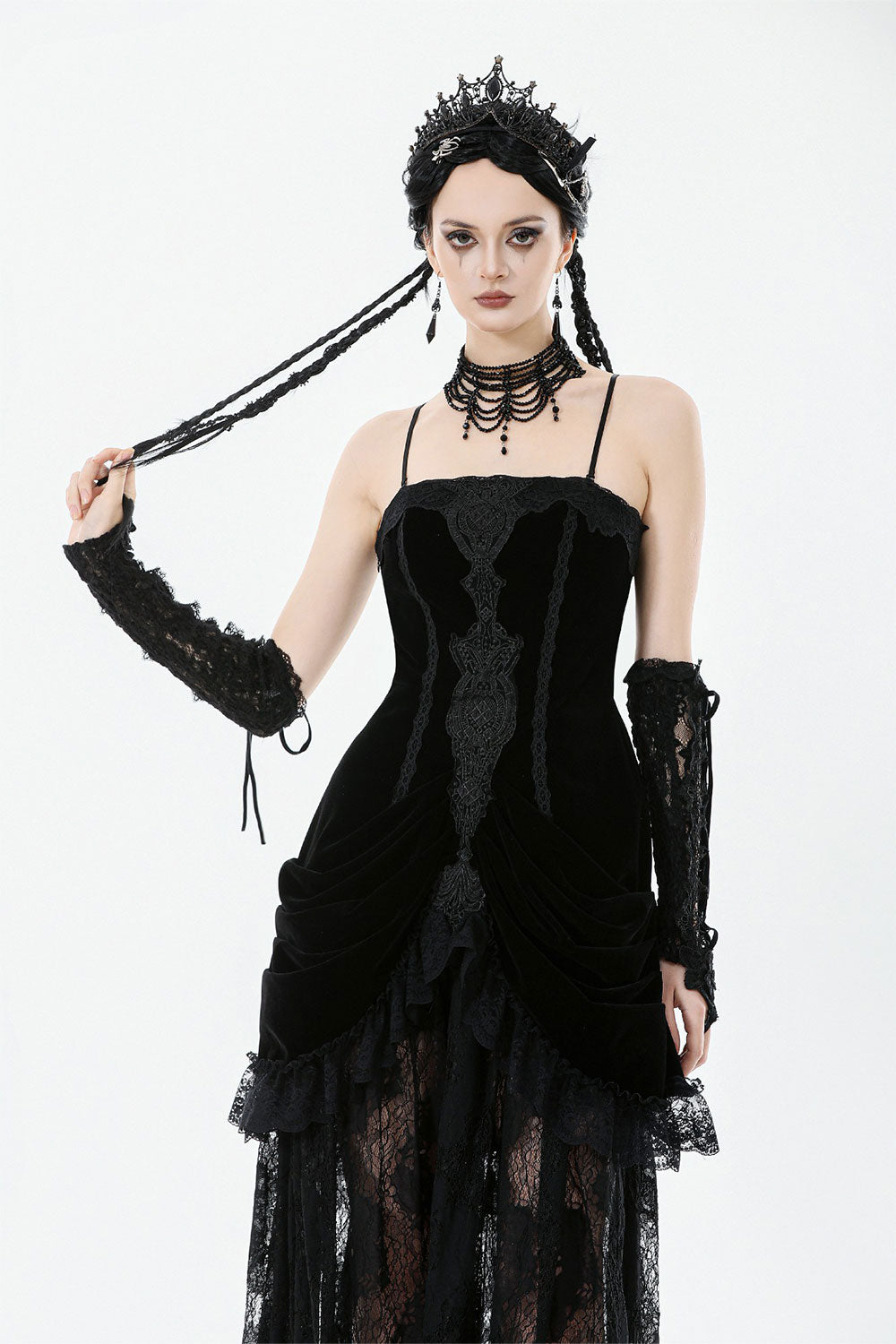 romantic goth black dress with soft velvet bodice