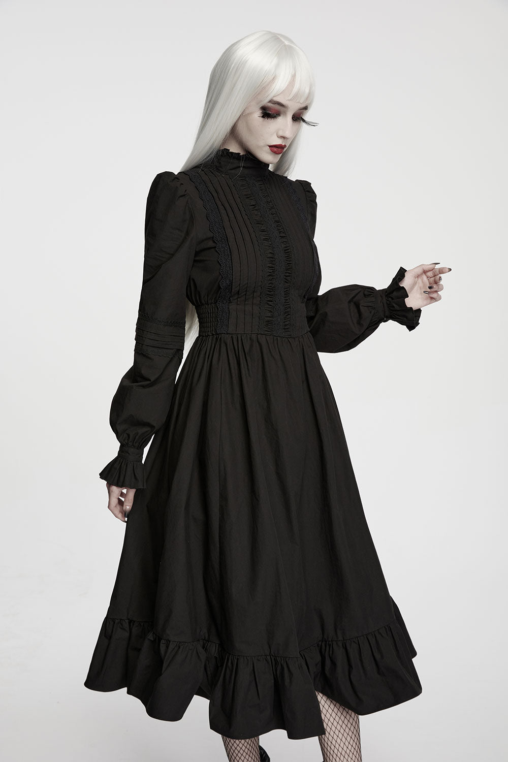 Gothic Dress Victorian High Neck Ruffled Black Midi Dress from punk rave