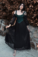Goth fashion ruched long black dress 
