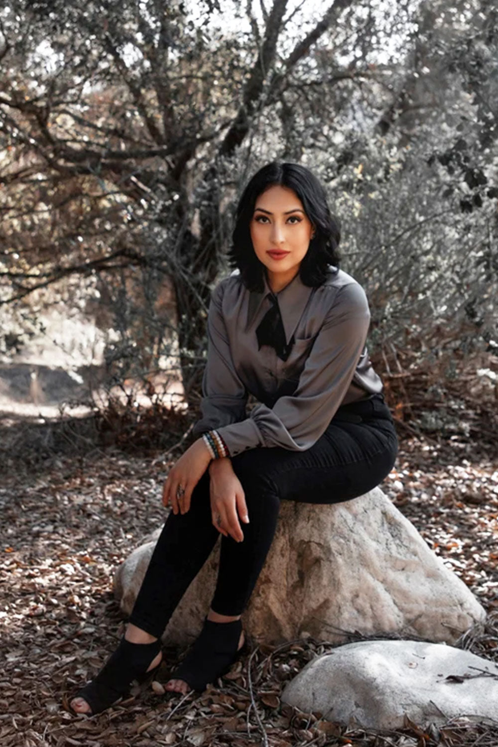 Silver button down top for women