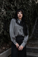 Silver satin Spectre Button Down Shirt on model outside