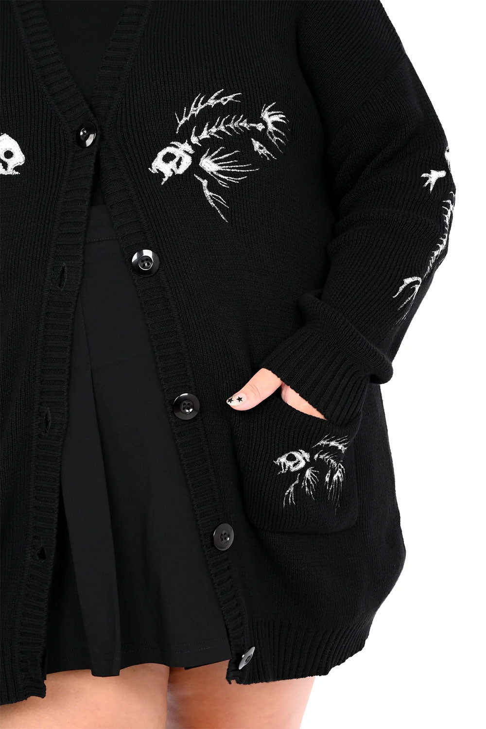 black cardigan with embroidered fish bones with pockets