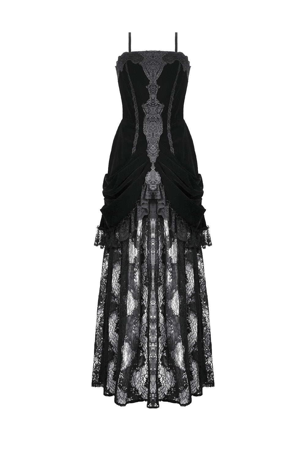 Goth fashion dress with pleated sides at the hips and asymmetrical hem