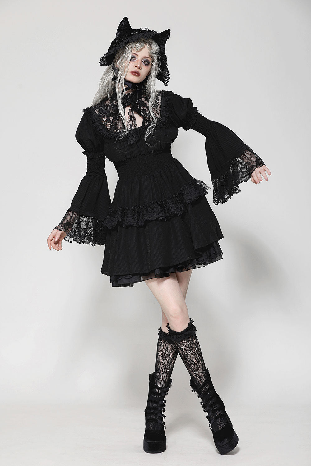 Puff sleeve layered ruffle dress in black from Dark in Love