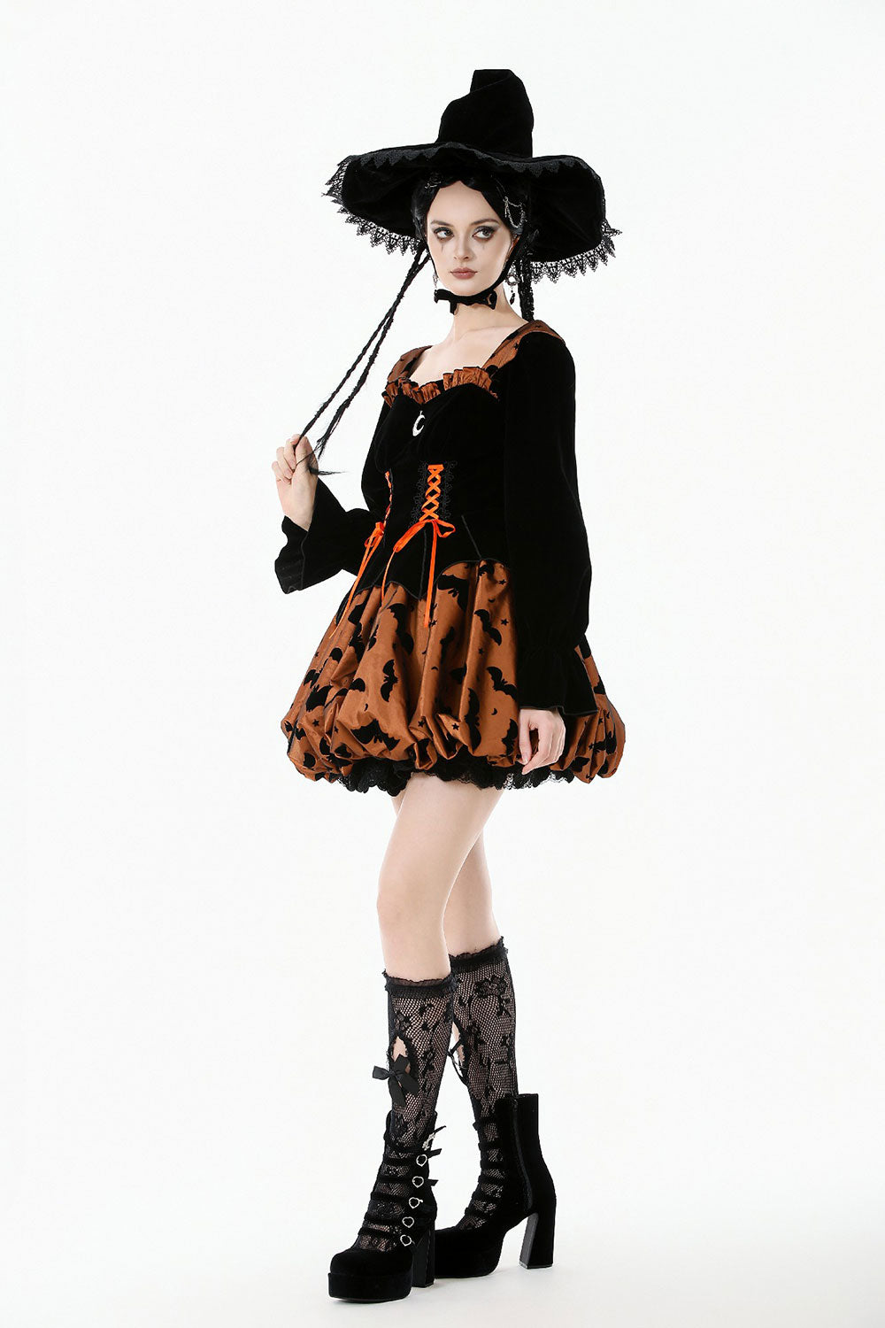halloween witch costume dress with bat fabric and orange ruffles
