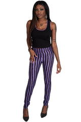 womens distressed purple and black striped leggings by too fast