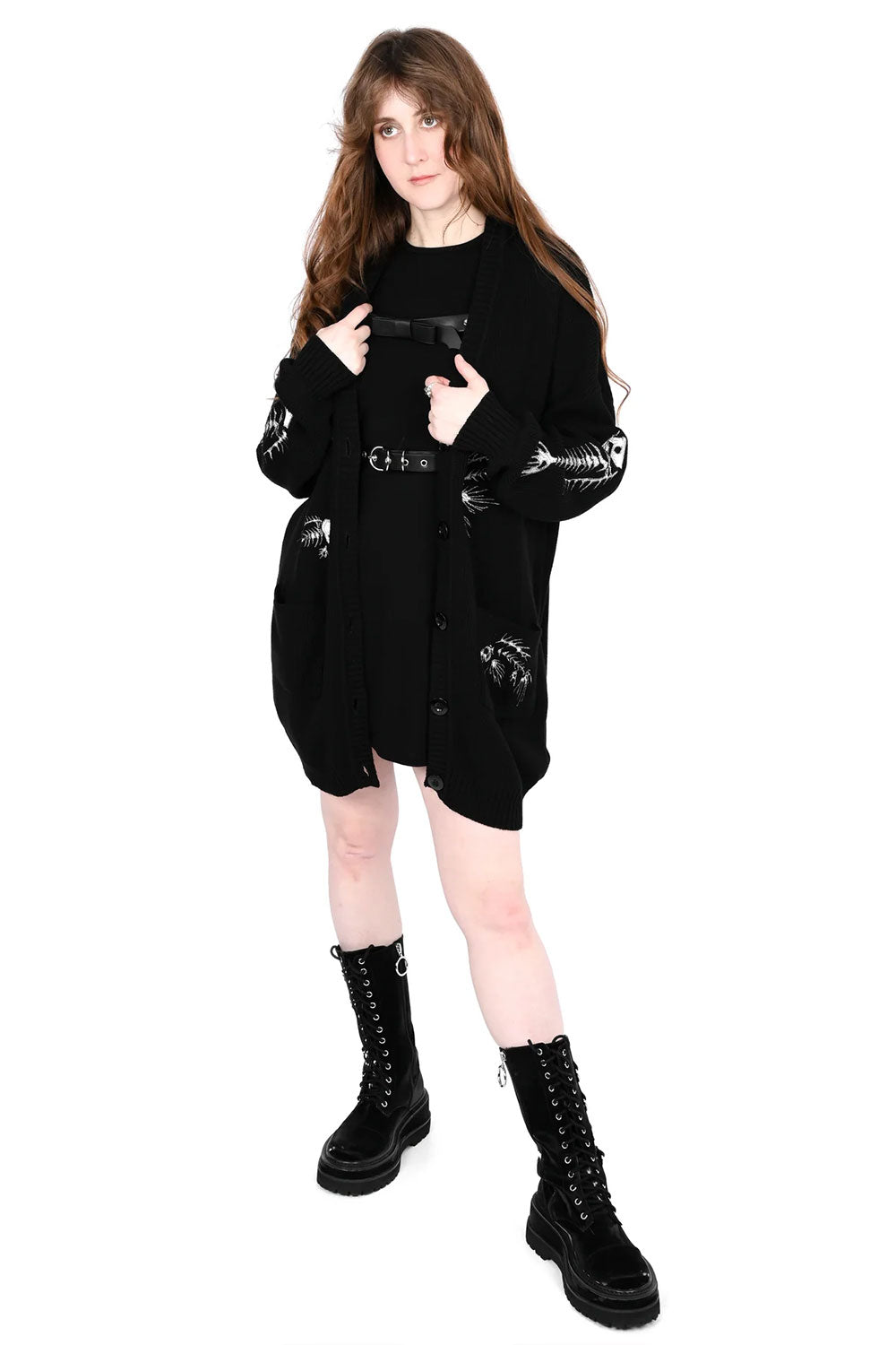 fish skeleton long black button up cardigan from Foxblood