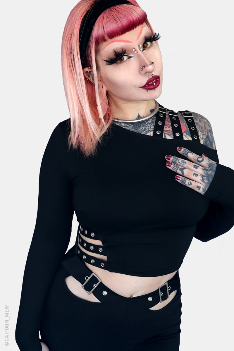 womens gothic crop top with shoulder cutout