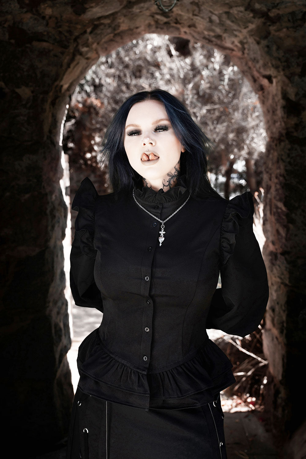long billowed sleeve goth victorian blouse with ruffled shoulders