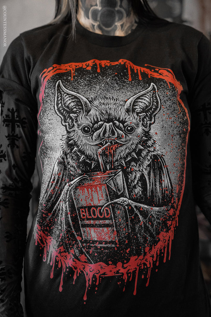 goth graphic shirt of bat drinking juice box of blood 