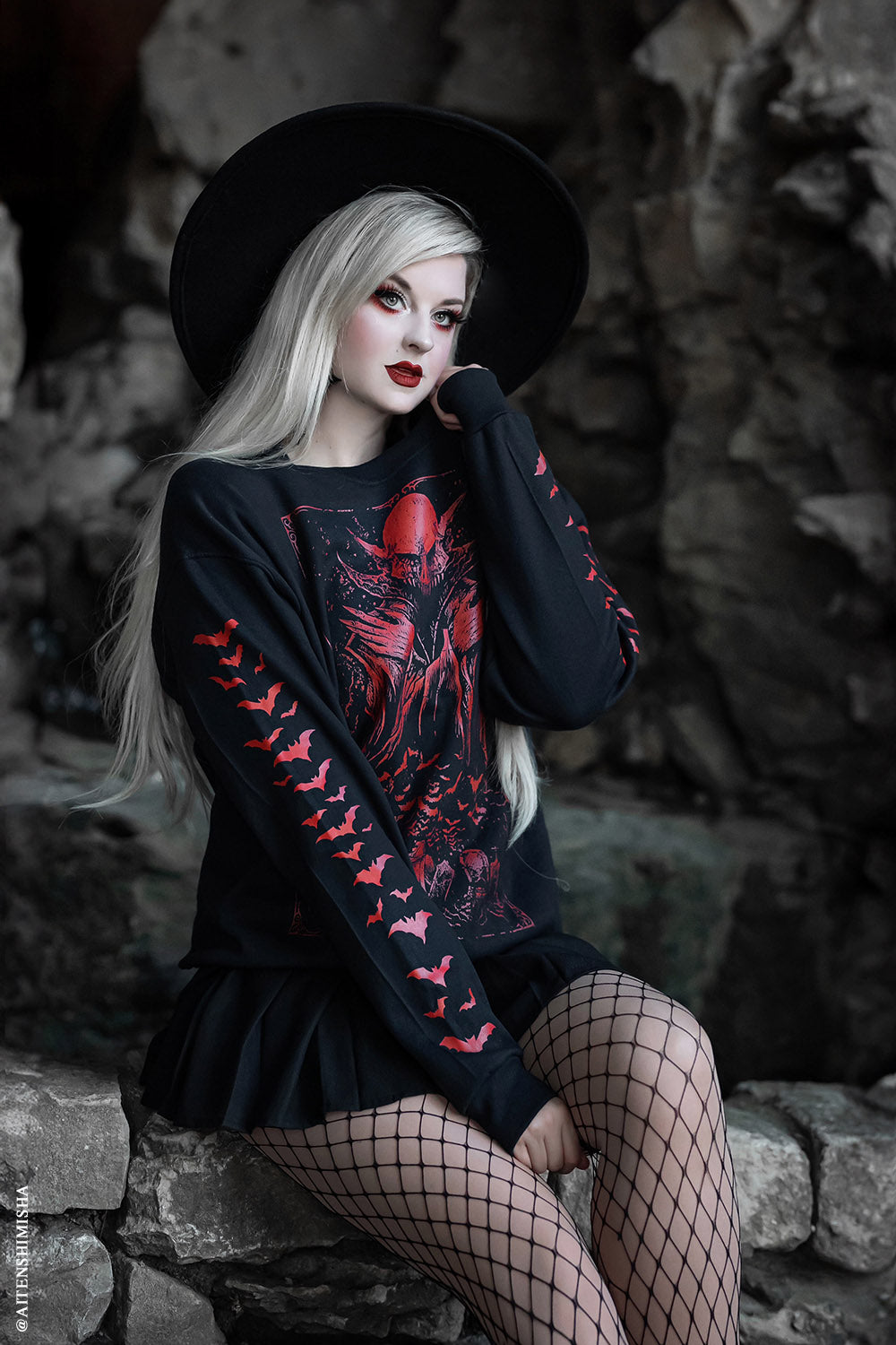 Nosferatu Sweatshirt w/ Red Bat Sleeves