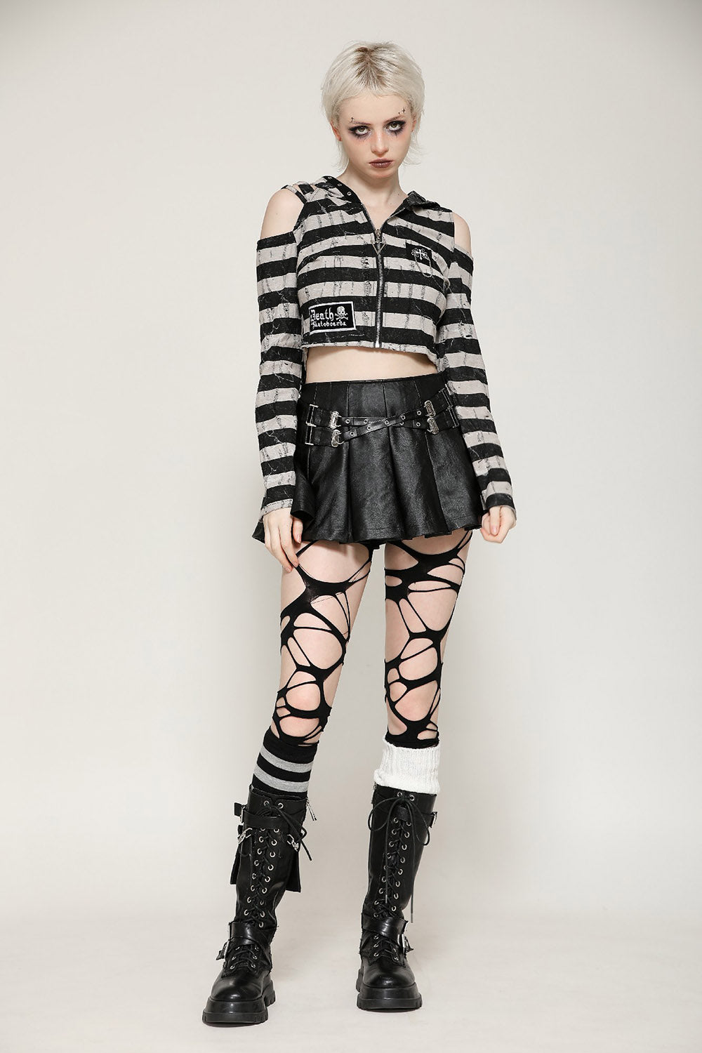 striped emo cold shoulder cropped hoodie