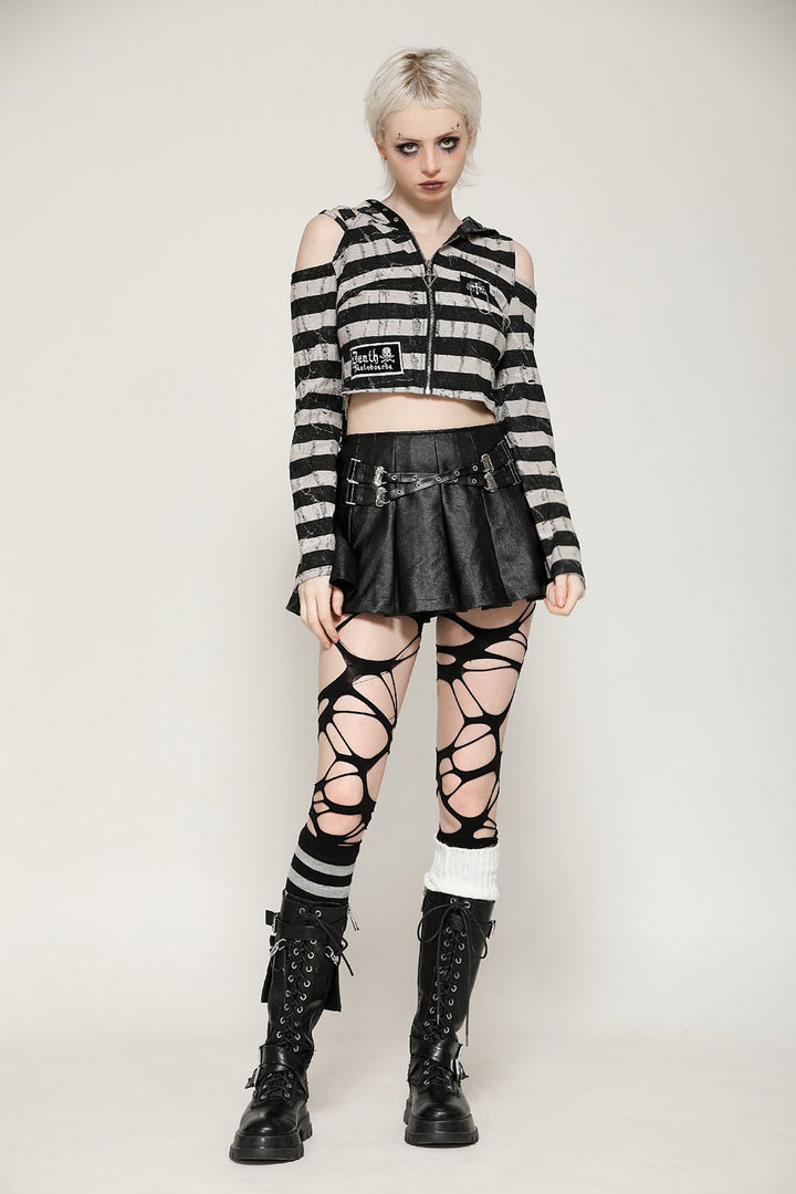 striped emo cold shoulder cropped hoodie