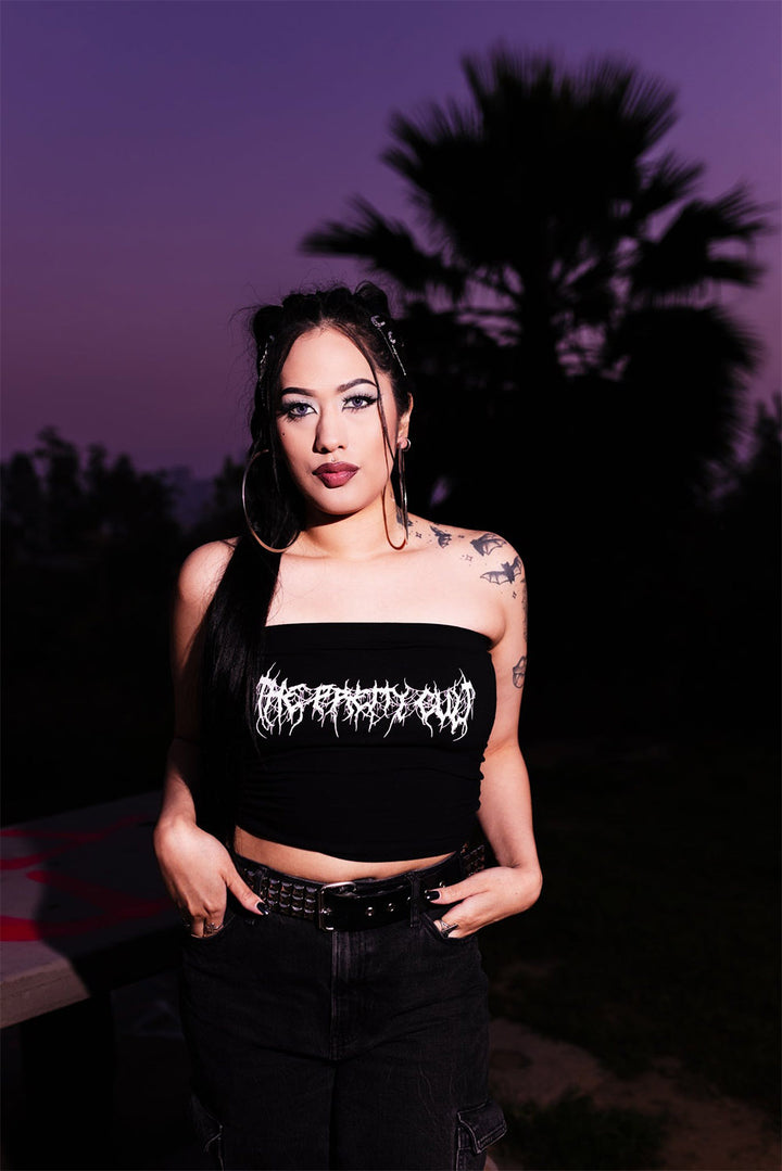 womens black and white heavy metal words crop top
