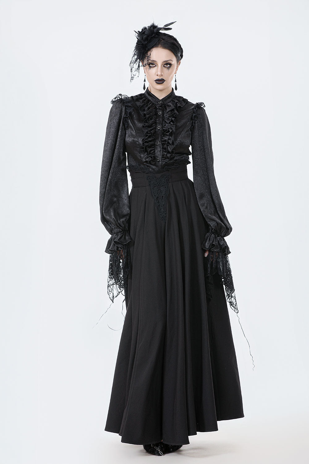 Front view of model wearing gothic maxi skirt for women