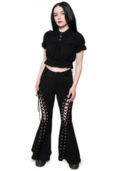 mall goth punk womens stretchy pants with lace up and flared legs
