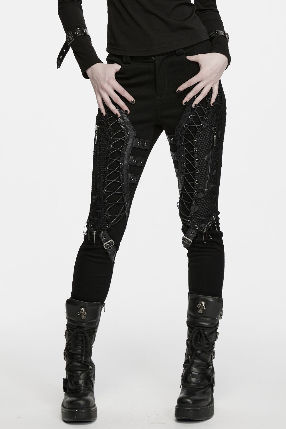 Women's Punk Eyelet Lace-up Pin Buckle Strap Skinny Pants