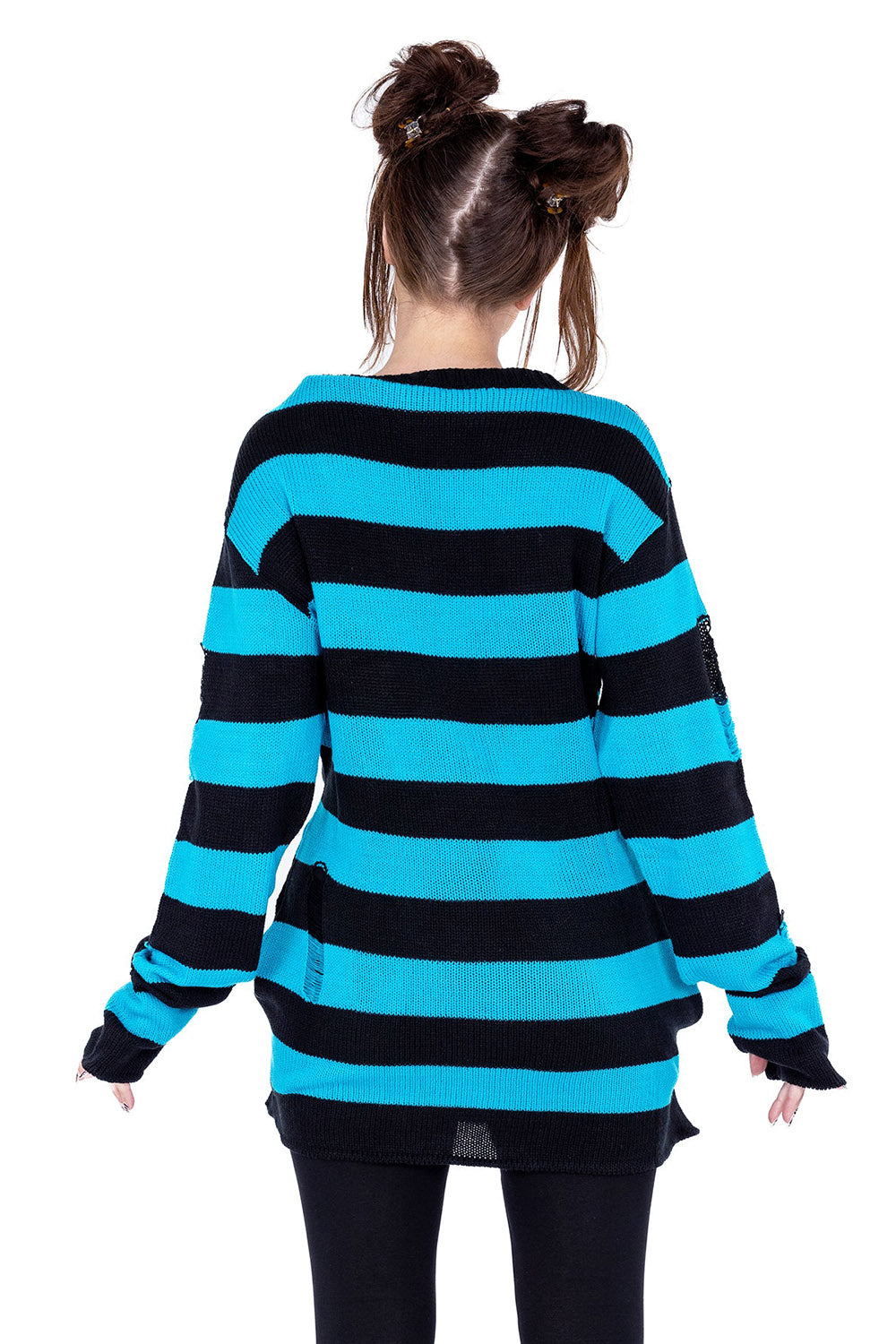 blue and black striped goth sweater