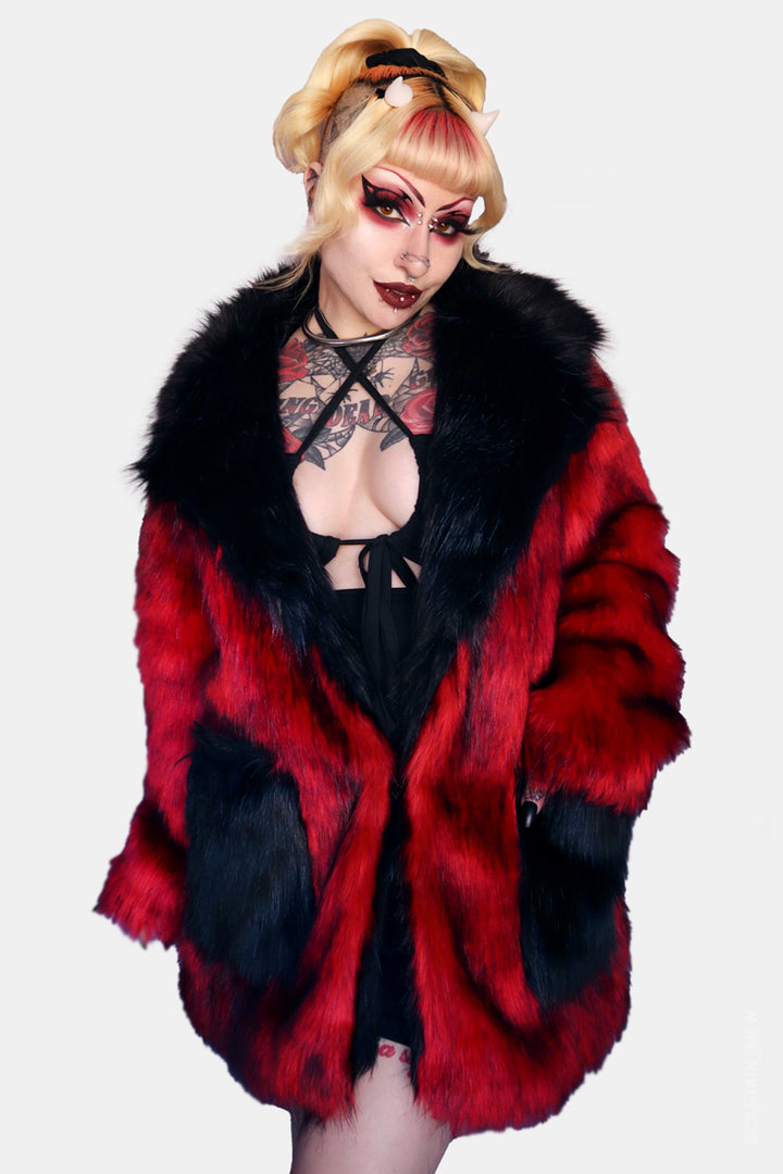 womens red and black vegan friendly fur coat